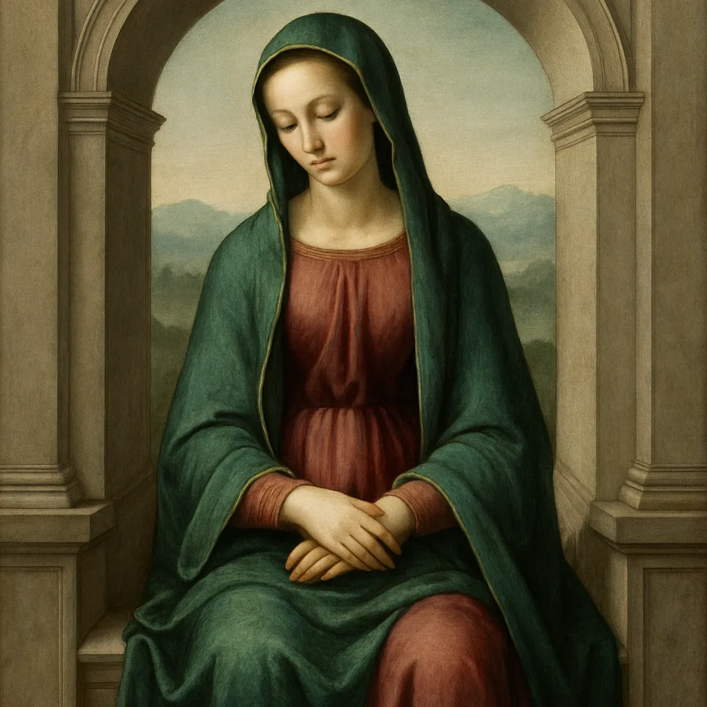 Virgin Mary Is Depicted Seated Calmly Within a Sculpted Marble