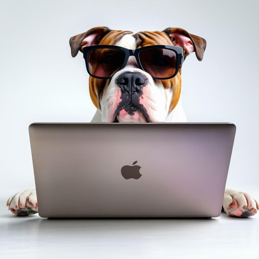 Bulldog in Sunglasses at a Futuristic Laptop