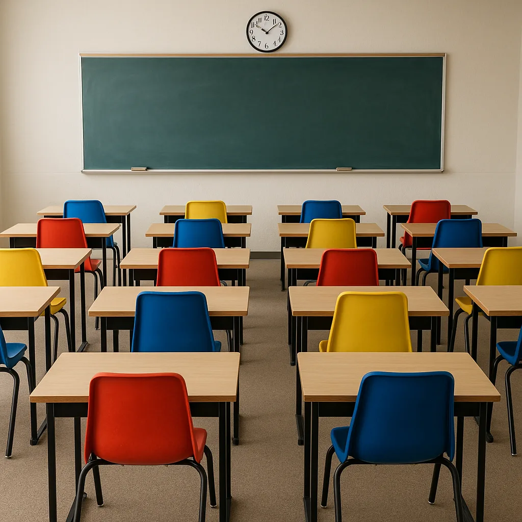 Empty Classroom with Rows of Wooden Desks