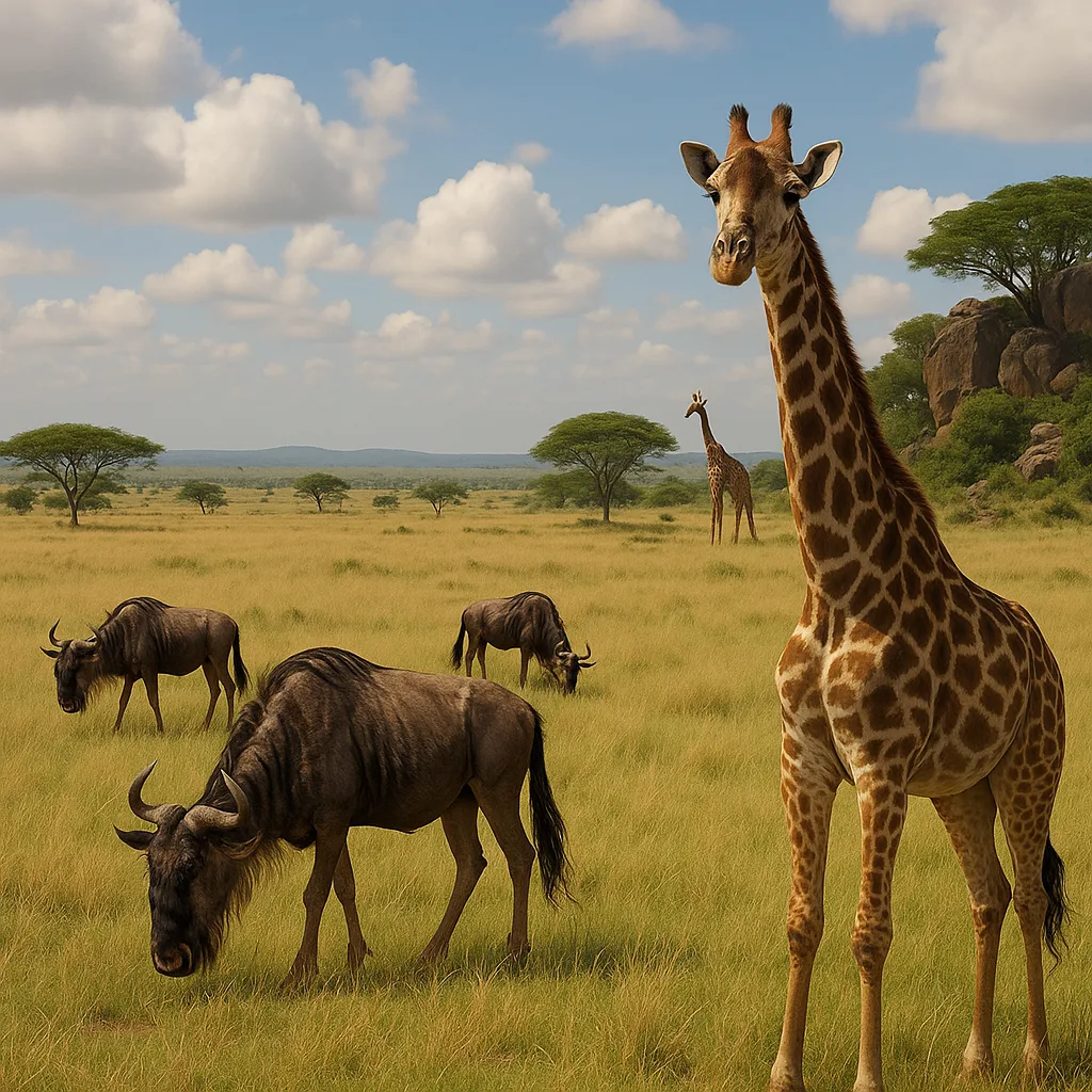 Grassy Savannah Landscape with a Giraffe in the Foreground