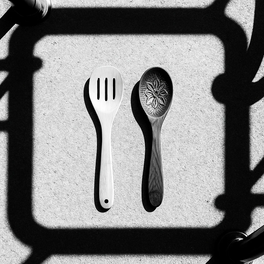 Two Distinct Wooden Spoons—one a Light Bamboo Slotted Spoon