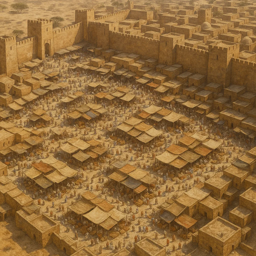 Numerous Tiny Figures Engage in a Bustling Market Day