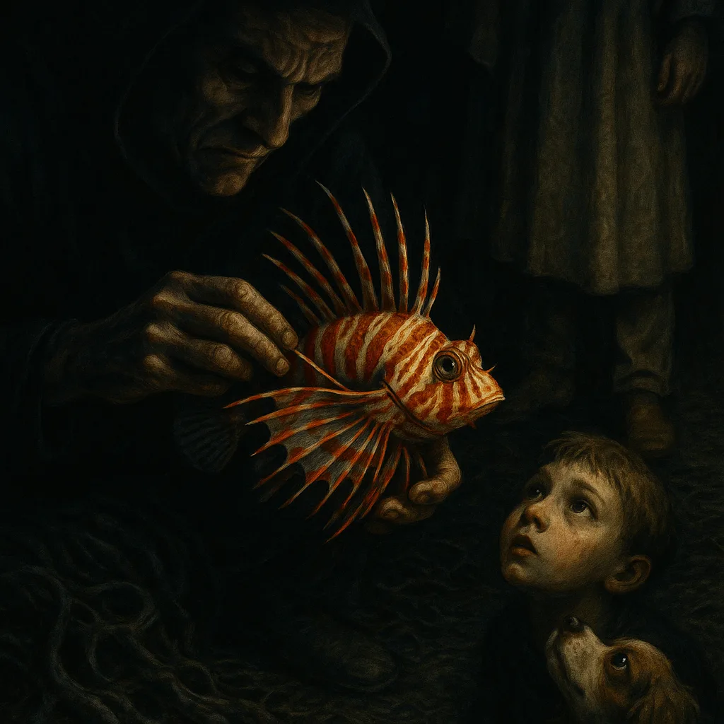 Villain's Dimly Side-lit Hands Meticulously Craft a Vibrant Lionfish