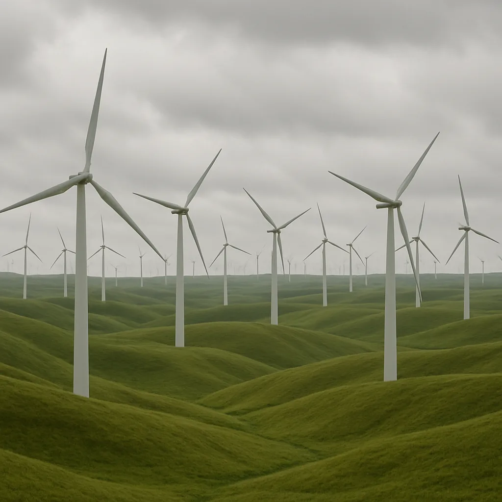 Great Many Wind Turbines Slowly Rotate in Unison