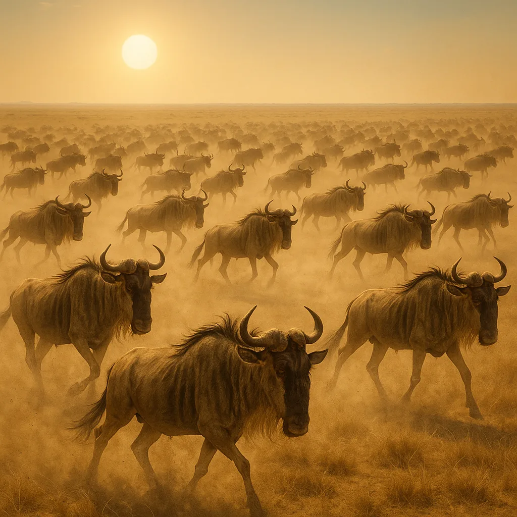 Massive Herd of Wildebeest Kicks Up a Cloud of Dust
