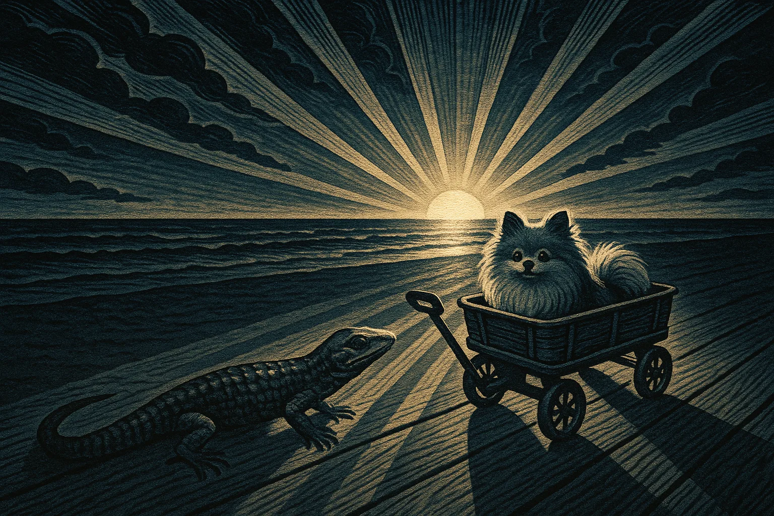 Alligator Lizard and Pomeranian with their Beach Wagon