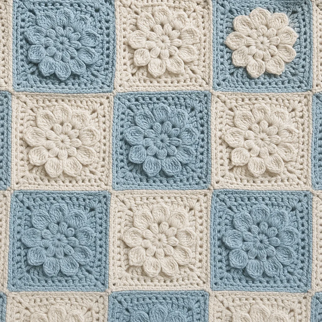 Textured Crochet Blanket Featuring Intricate Square Patterns