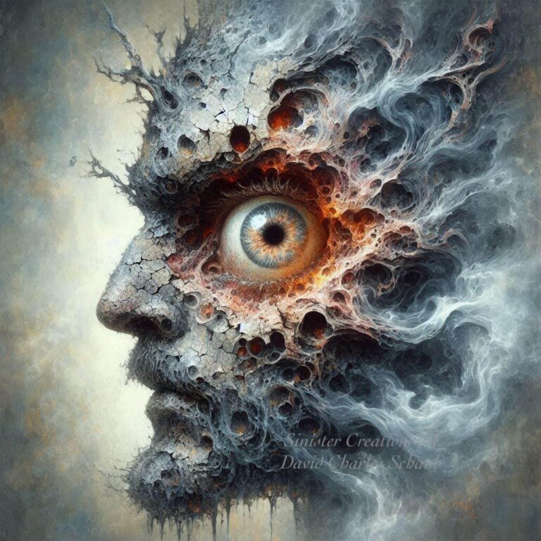 Cracked Stone Head with Swirling Mist