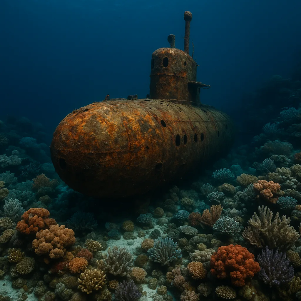 Corroded Submarine Ruin Encircled by Vibrant Coral in the Depths