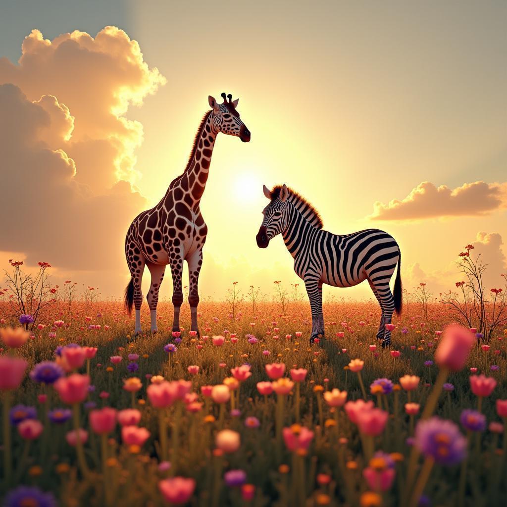 Giraffe and Zebra Among Enchanted Blooms