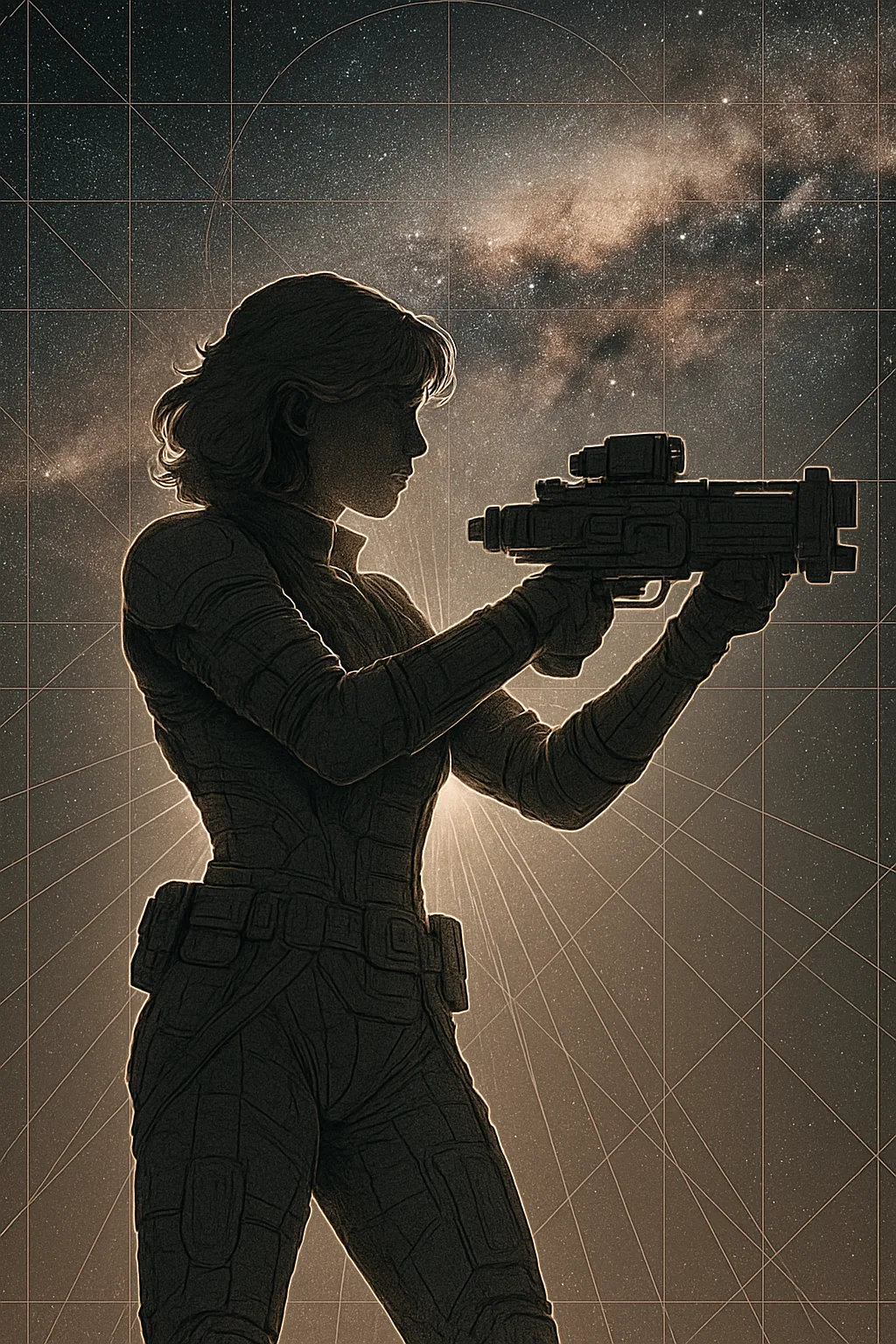 Lone Female Figure in Intricately Textured Far-future Science-fiction Attire Actively