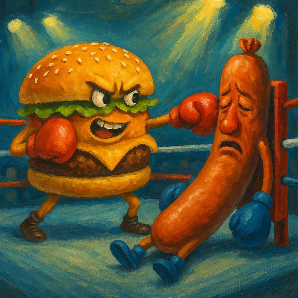 Vibrant Scene of a Cheeseburger Engaged in a Wrestling Match