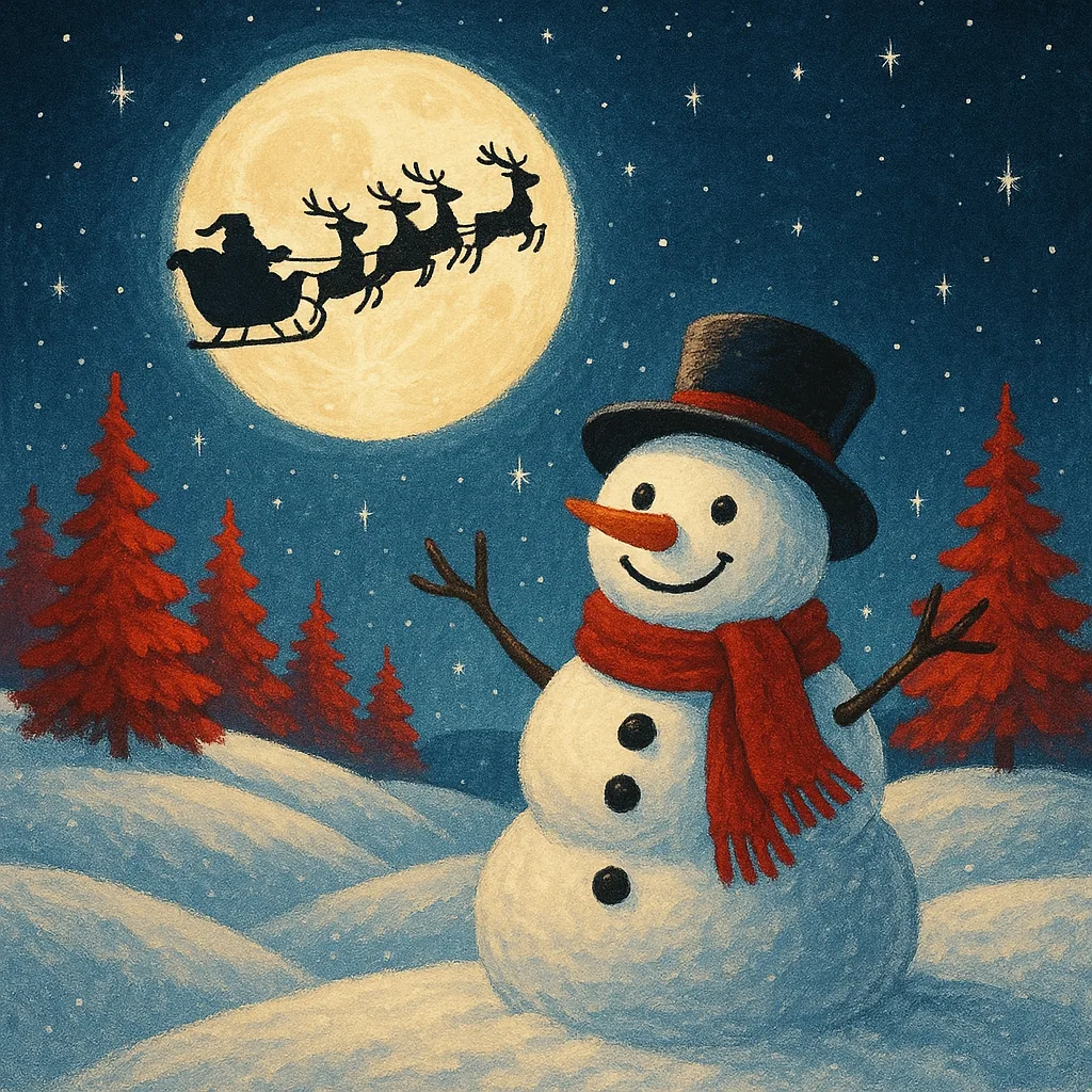 Cheerful Snowman Stands on Snowy Hills under a Glowing Moon