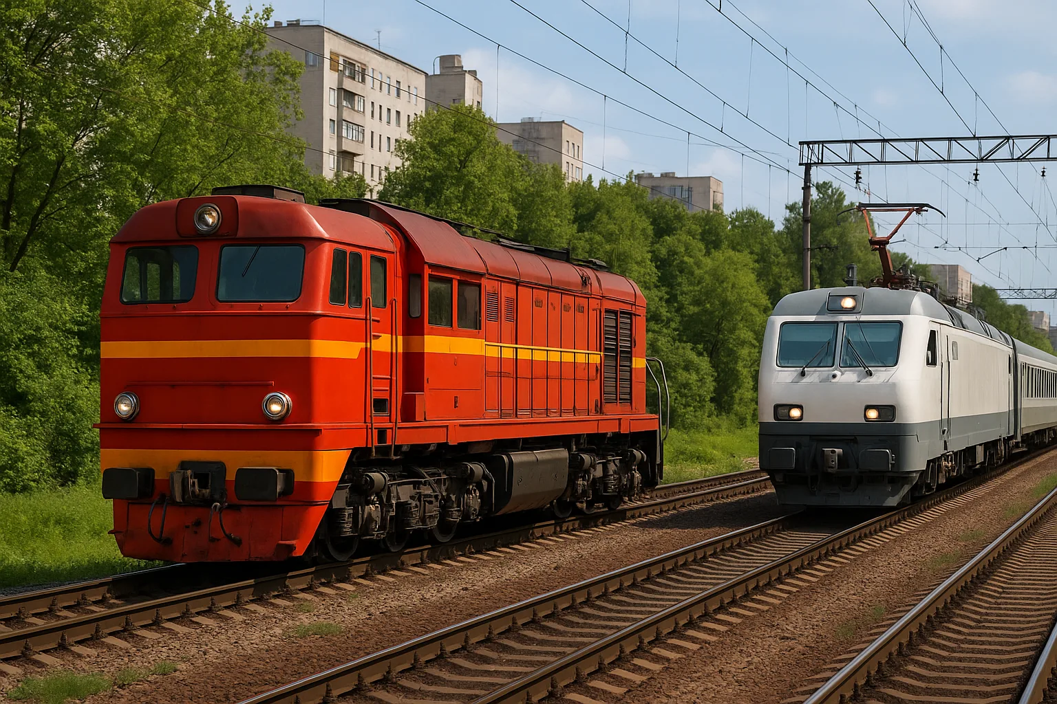 Red and Orange Diesel Locomotive Stands on One Track