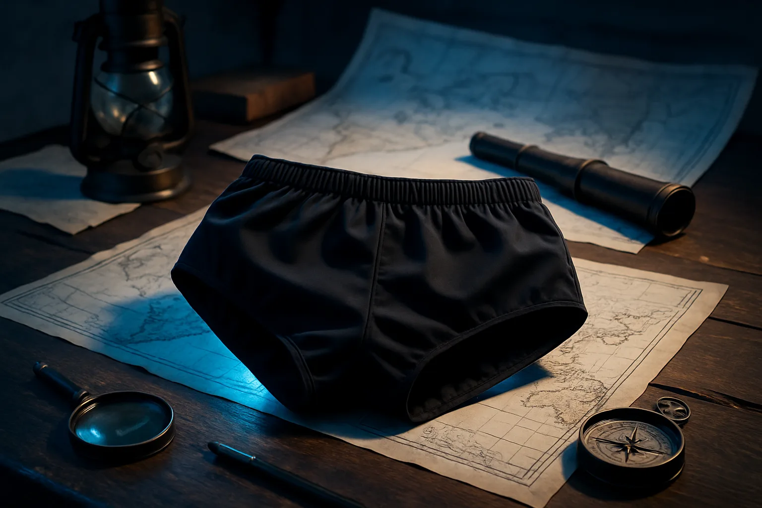 Jet Black Swimming Trunks on an Antique Explorer's Desk