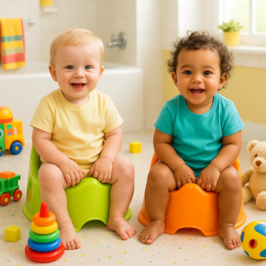 Two Toddlers Sit on Vibrant Training Toilets