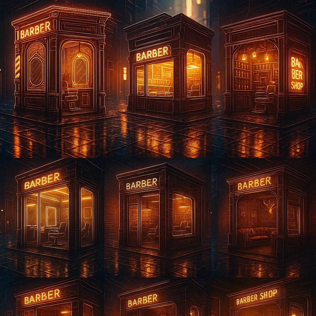 Around Seven Distinct Barbershops Materialize Like Detailed Miniatures Upon Futuristic