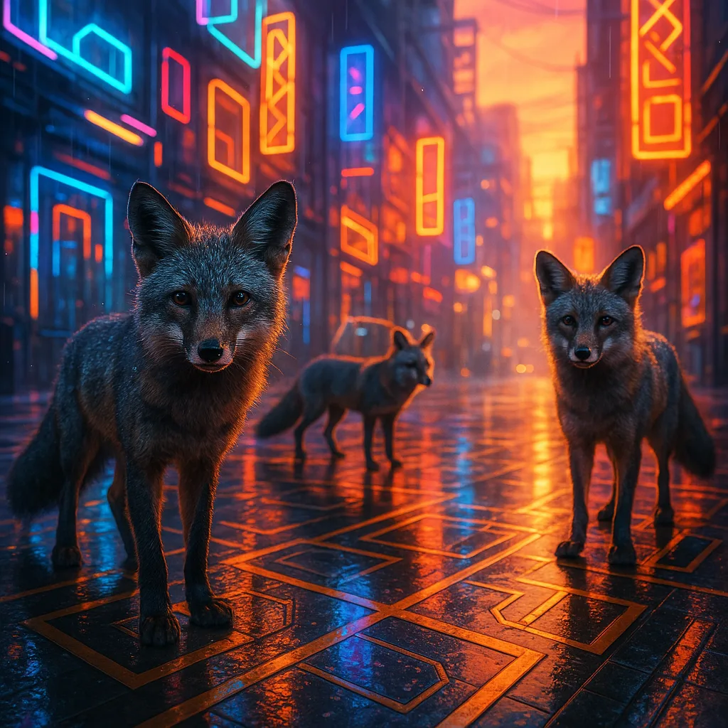 Three Distinct Grey Foxes on Rain-slicked Cyberpunk Streets