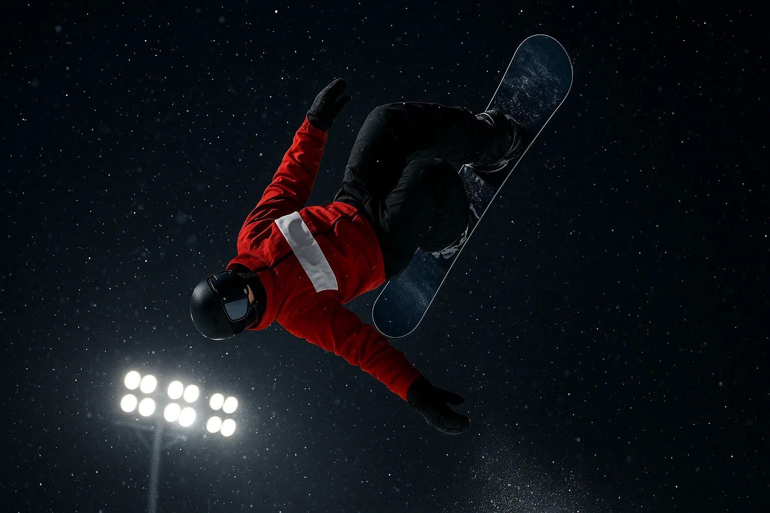 Snowboarder Performing a Mid-air Backflip During a Nighttime Snowboarding Event