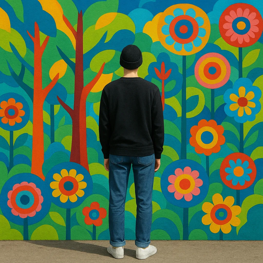 Person Stands in Front of a Colorful Mural Featuring Vibrant