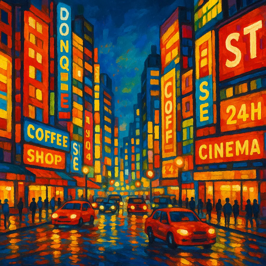Lively Urban Scene Showcases Colorful Structures and Glowing Advertisements
