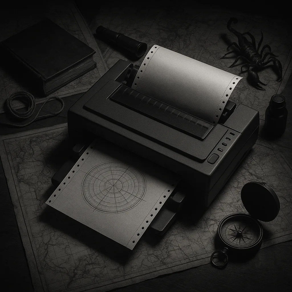 Monochromatic Top-down Flat Lay Captures a Dot Matrix Printer