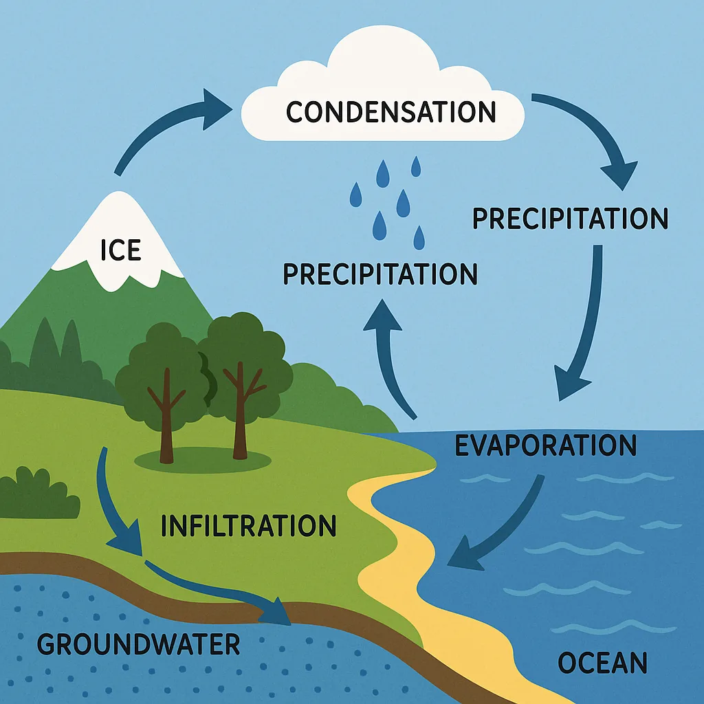 Image Illustrates the Water Cycle with Labeled Processes Including Evaporation