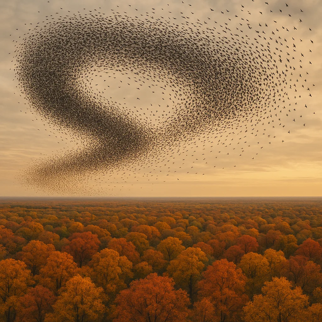 Colossal Flock of Countless Birds Wheels and Turns in Unison
