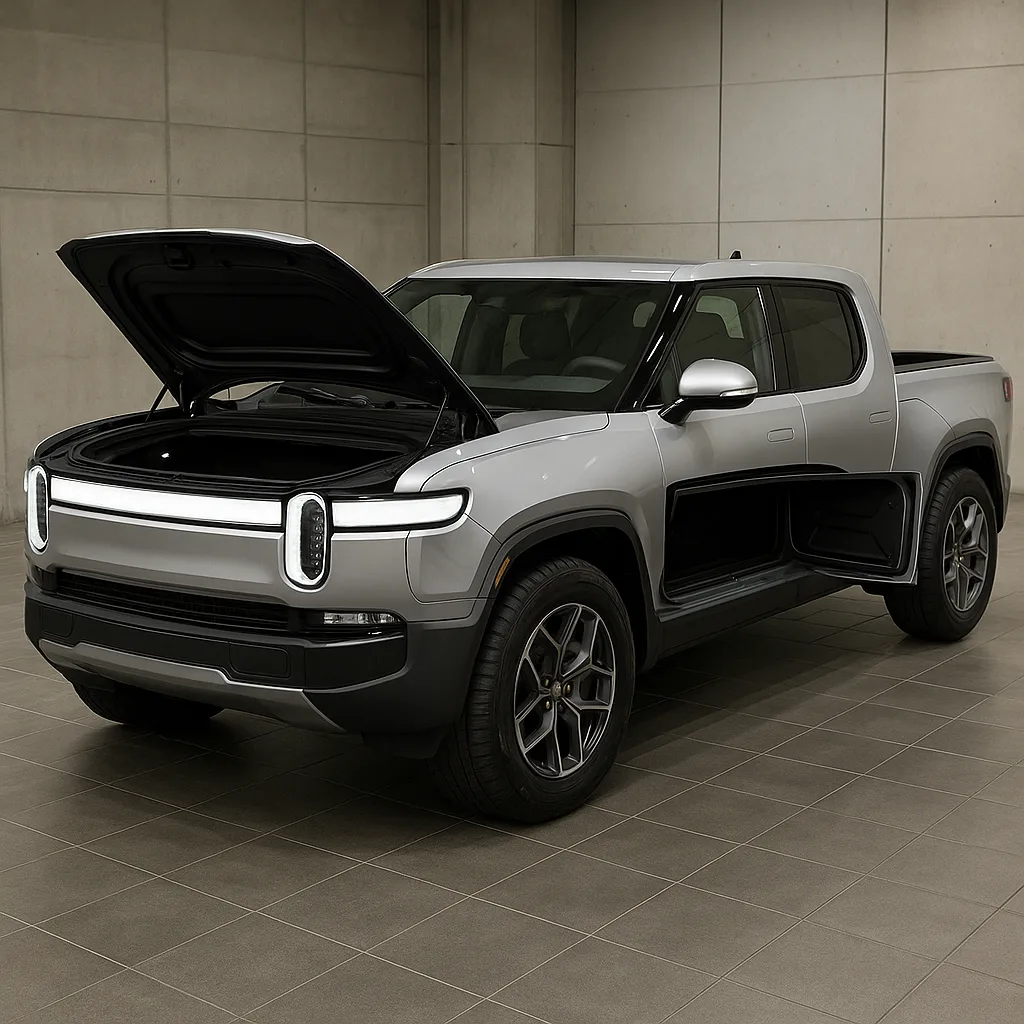 Silver Rivian Electric Pickup Truck Is Displayed Indoors