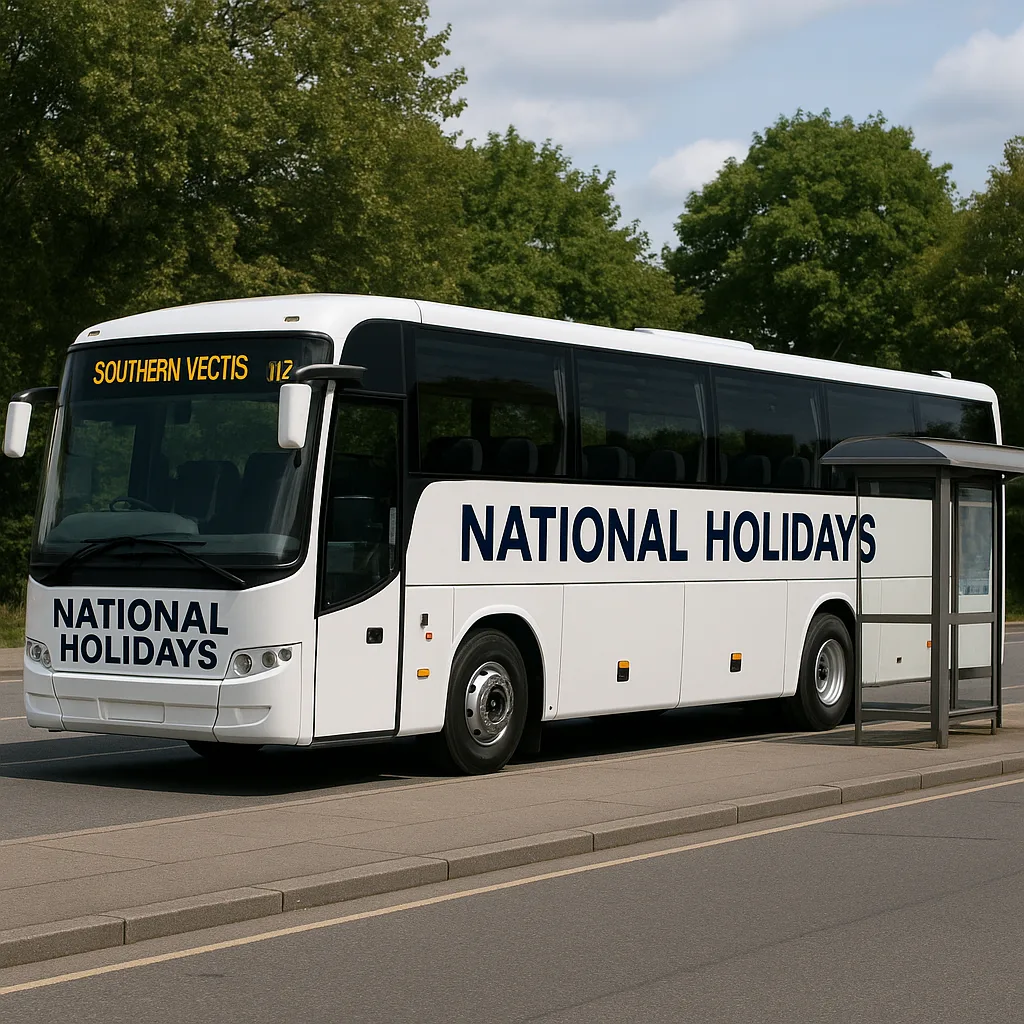 White "National Holidays" Bus with the Destination "Southern Vectis 022"