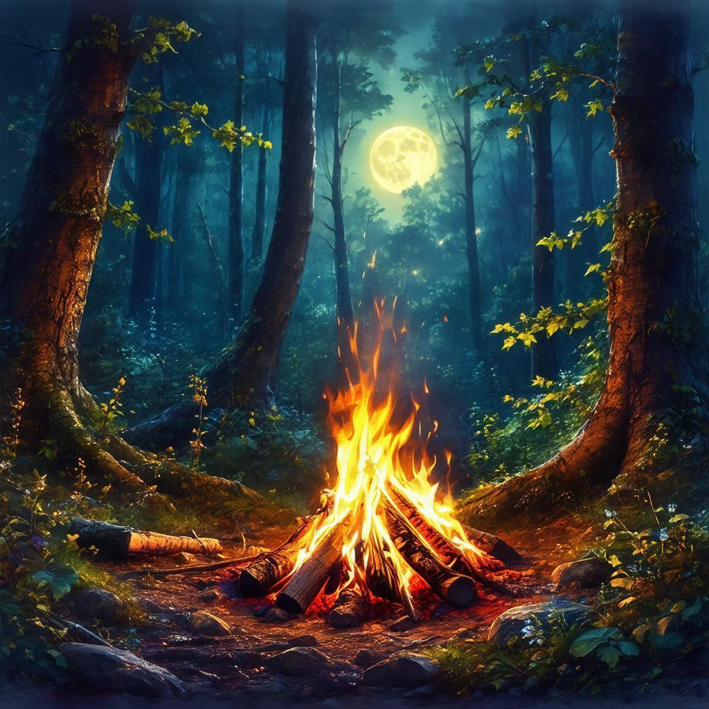 Enchanted Forest Campfire Under the Moonlight