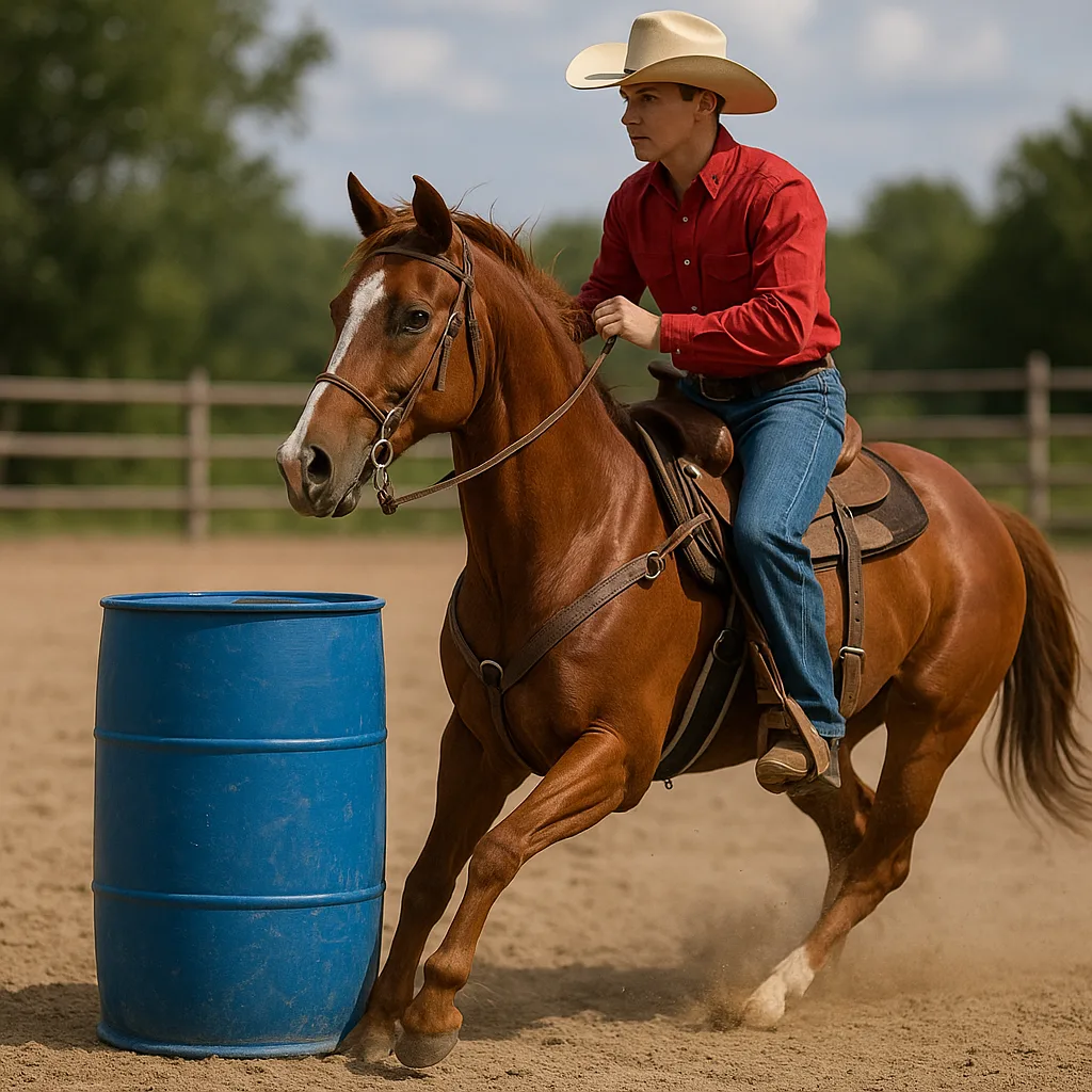 Horse Standing Beside a Blue Barrel with a Rider Wearing