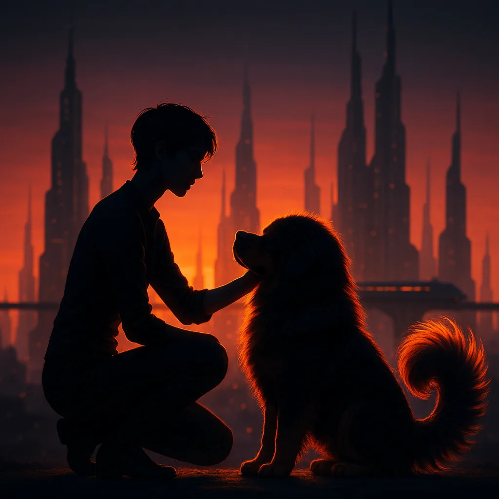 Androgynous Figure Gently Pets a Majestic Tibetan Mastiff