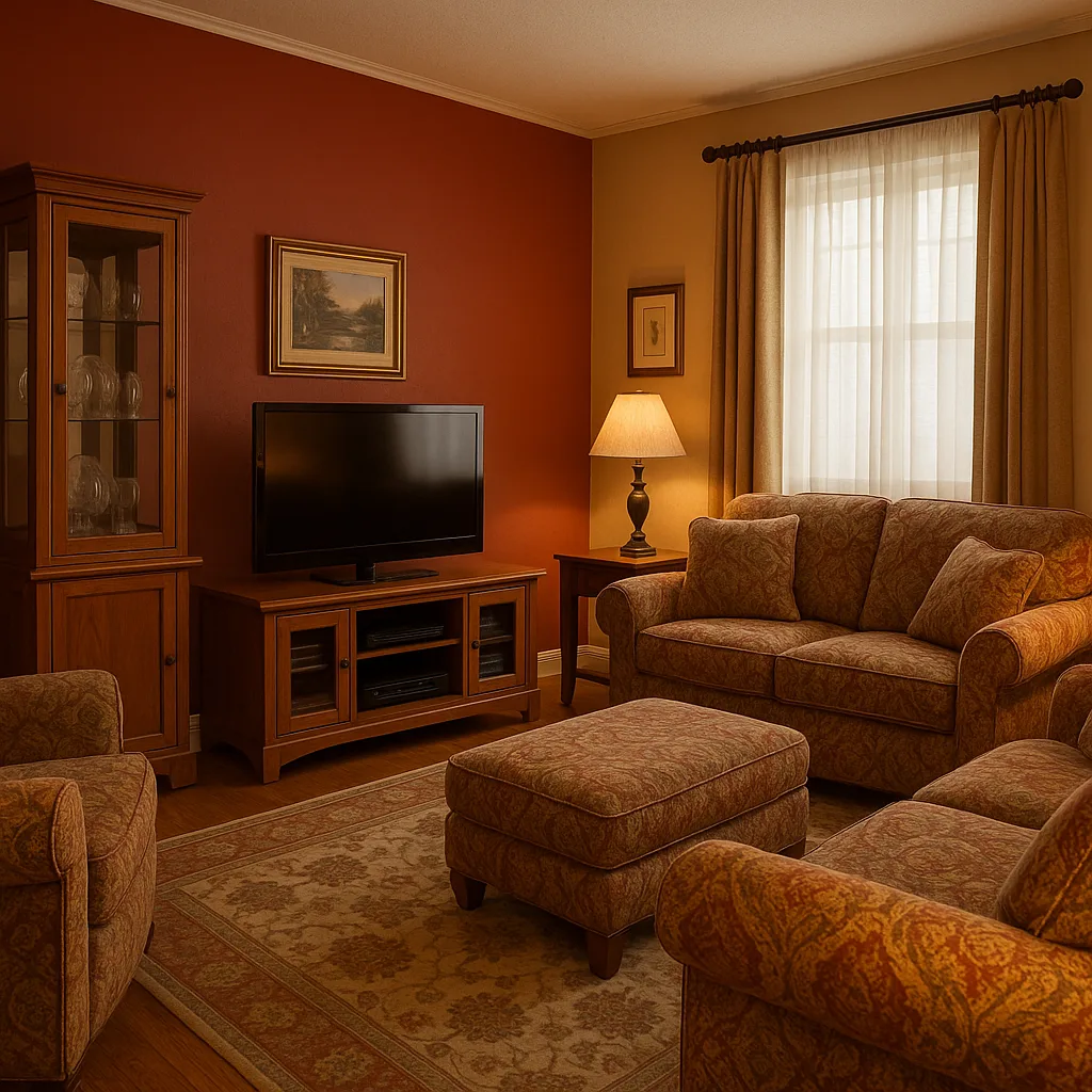 Cozy Living Room with Red and Beige Walls