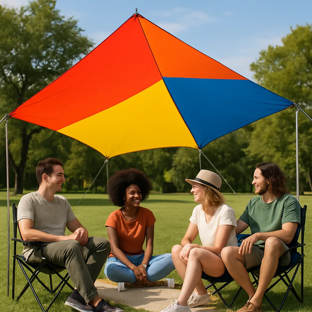 Vibrant Shade Structure Shelters a Group of Individuals Enjoying Leisure