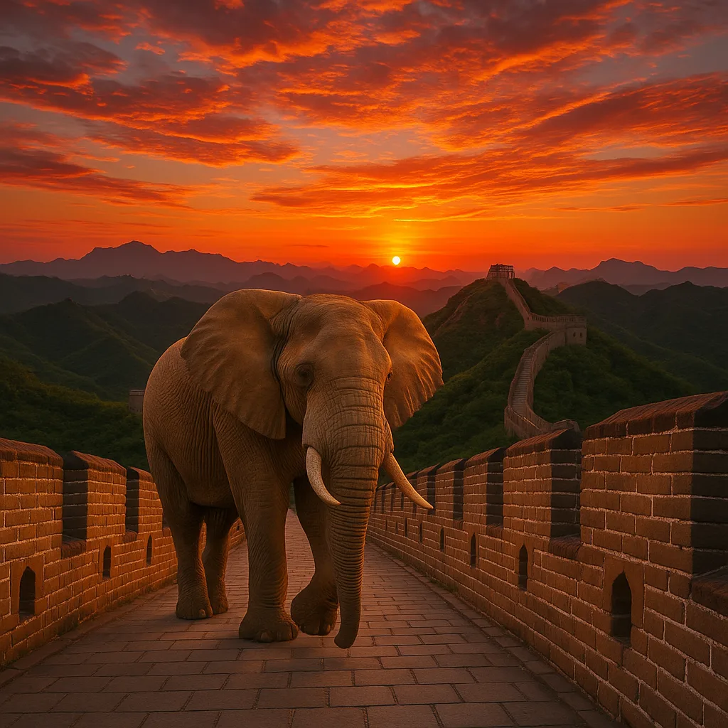 Elephant of Grandeur Walking Along the Great Wall