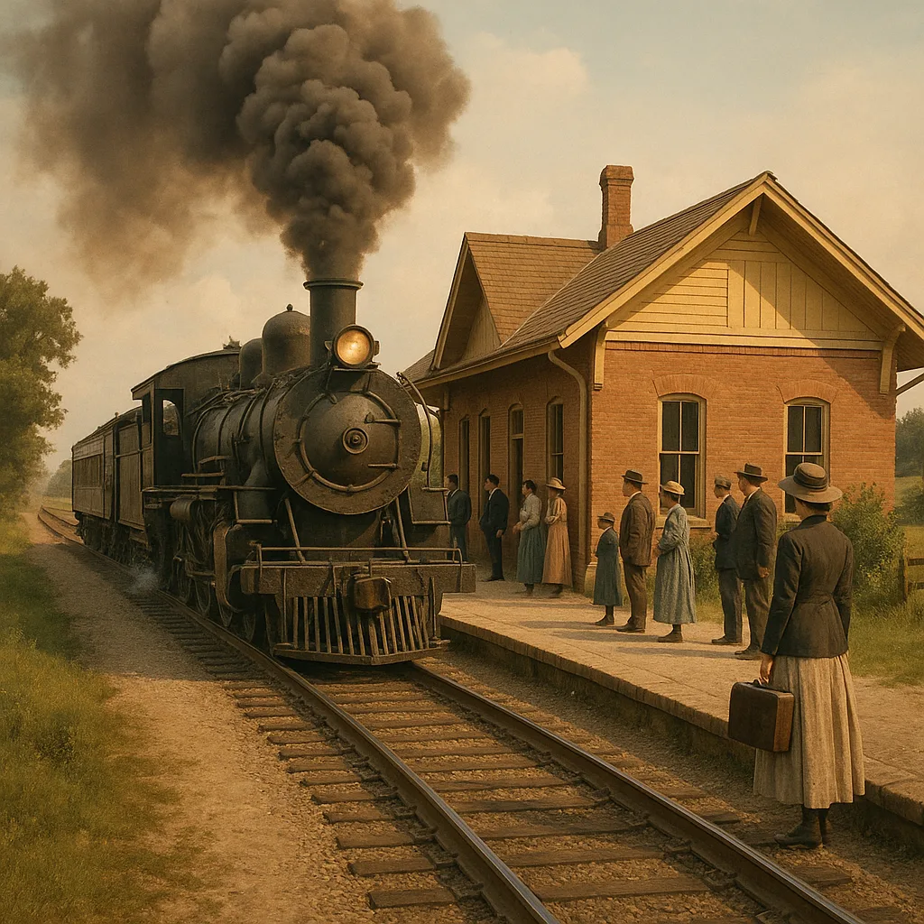 Vintage Steam Locomotive Approaches a Rural Train Station as Passengers
