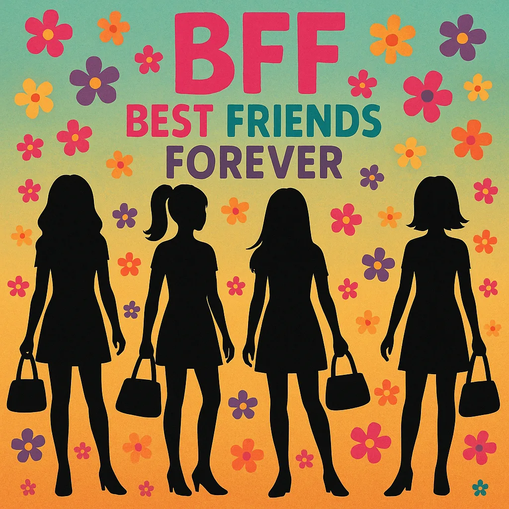 Four Silhouettes of Girls Holding Handbags Stand on a Colorful