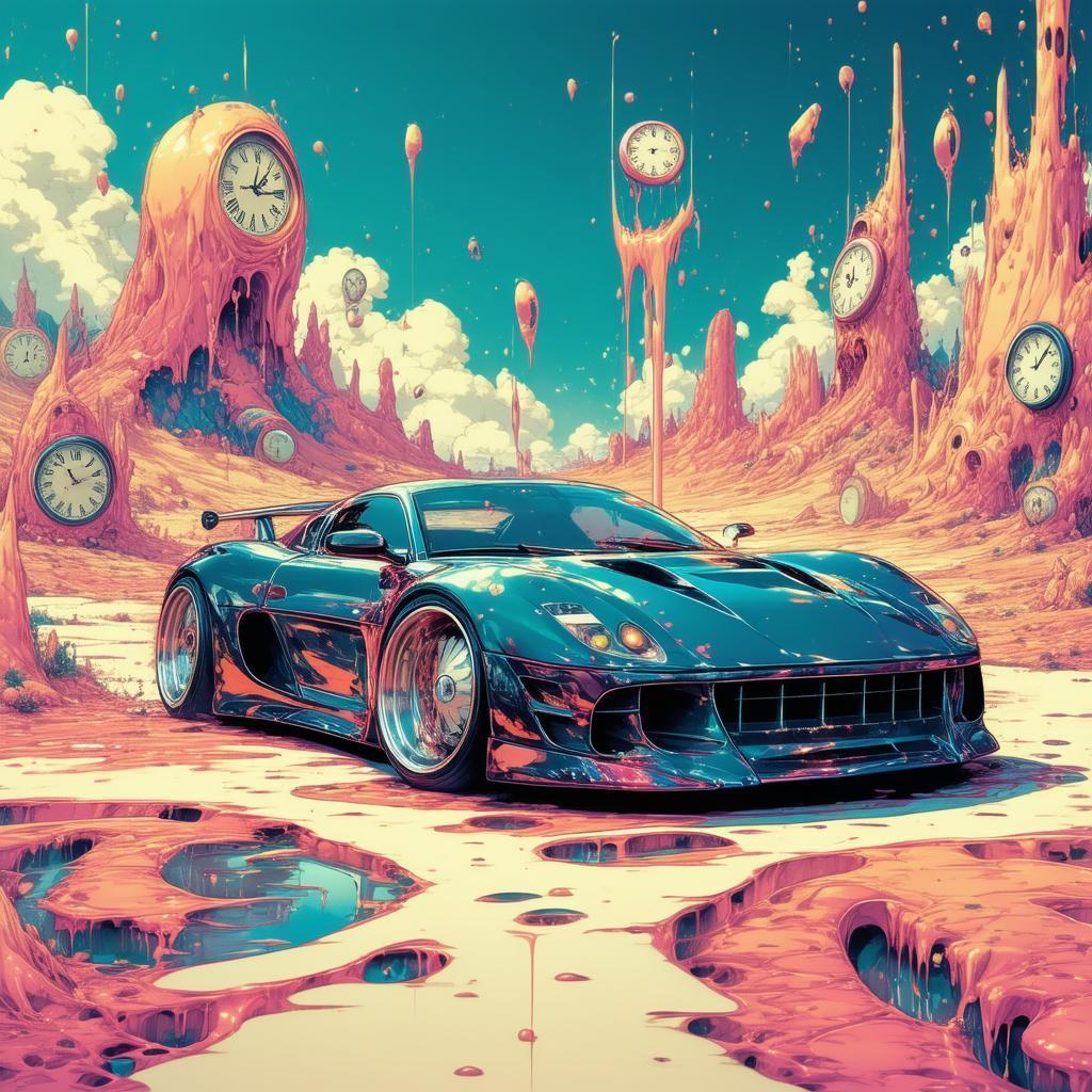 Surreal Manga Sports Car Among Melting Clocks