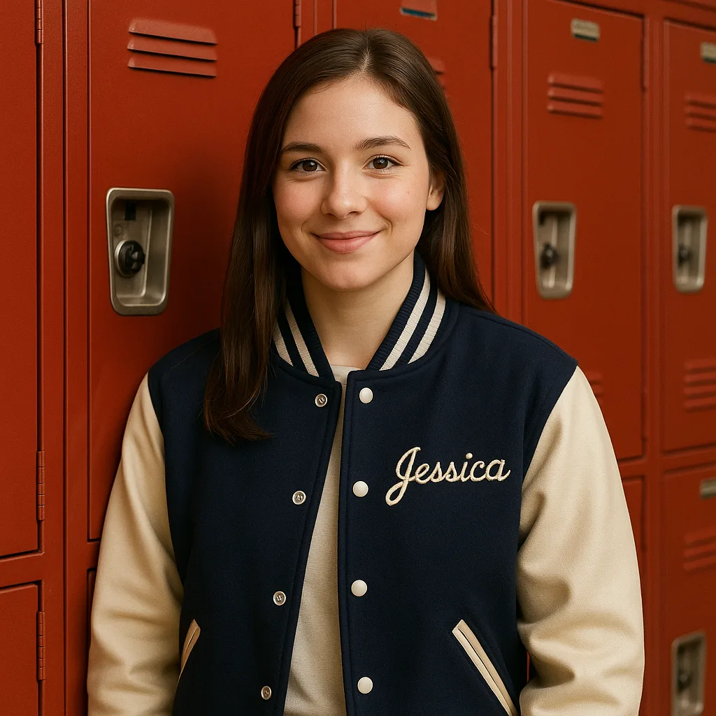Person Wearing a Navy and Cream Varsity Jacket
