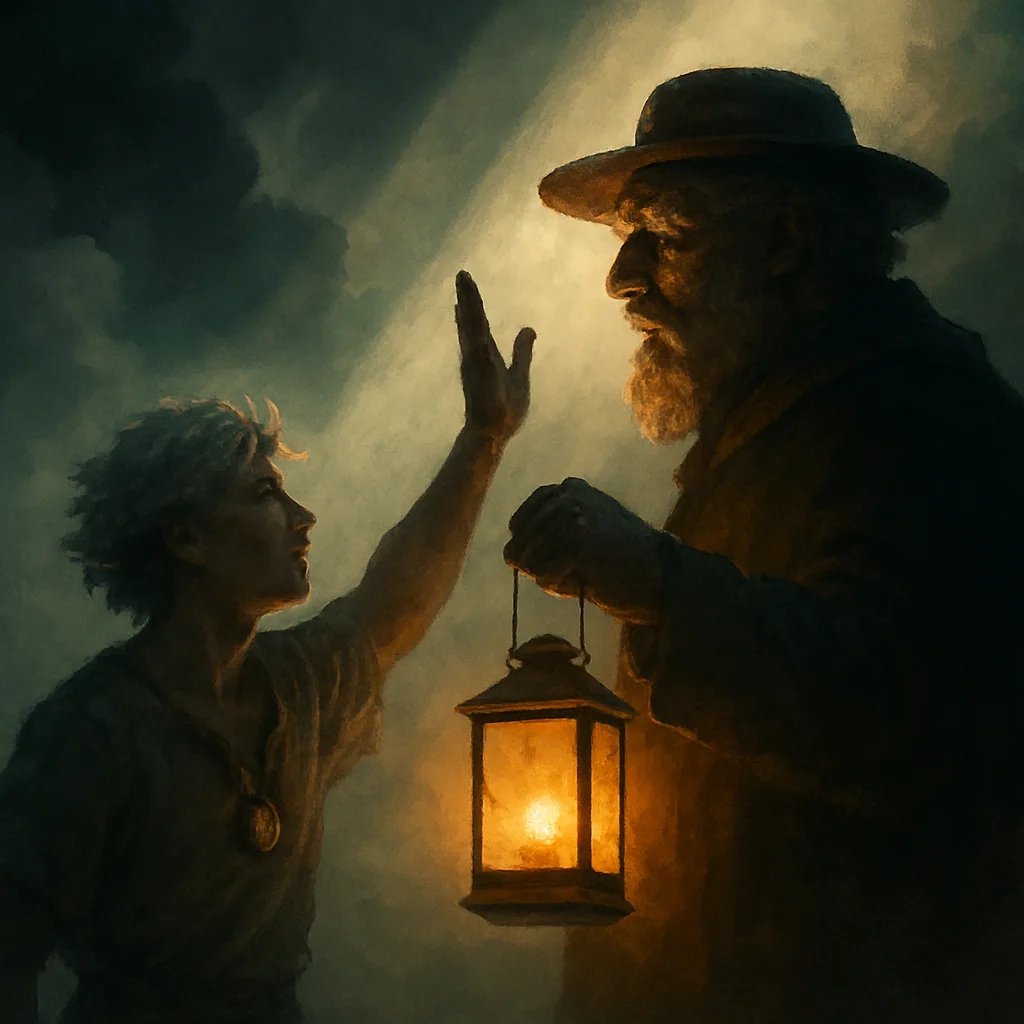 Robust Elderly Leader Holding a Glowing Lantern Has their Form