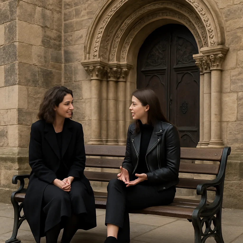 Two Women in Dark Clothing Sit