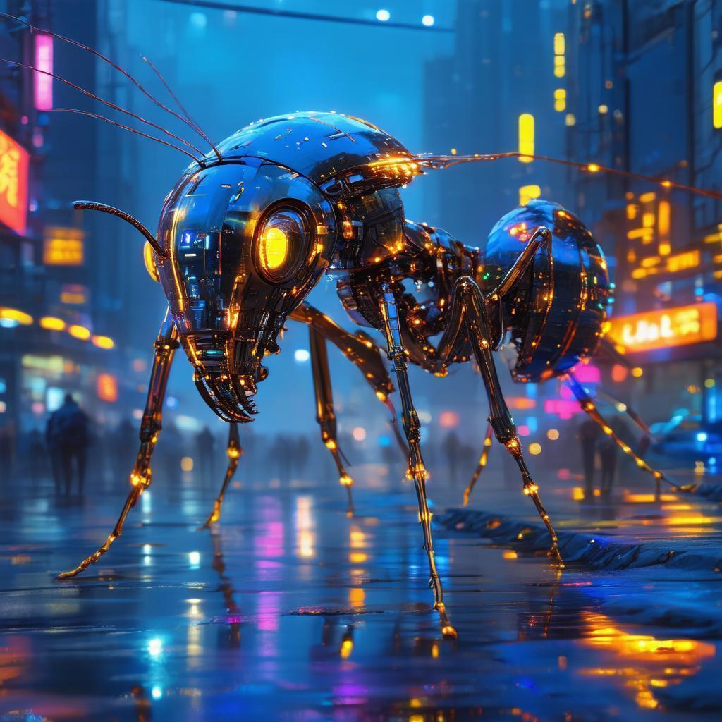 Biomechanical Neon Ant in a Future City