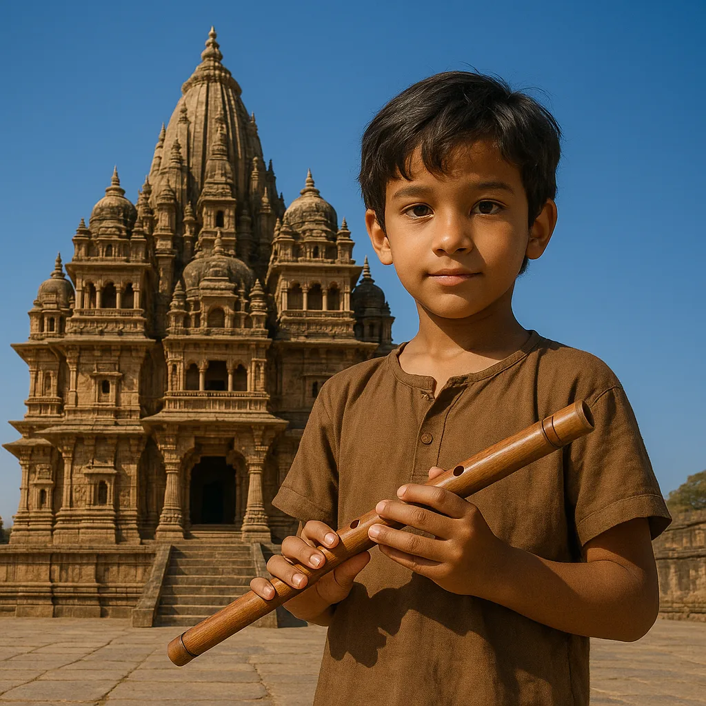 Boy Holding a Wooden Flute Stands in Front