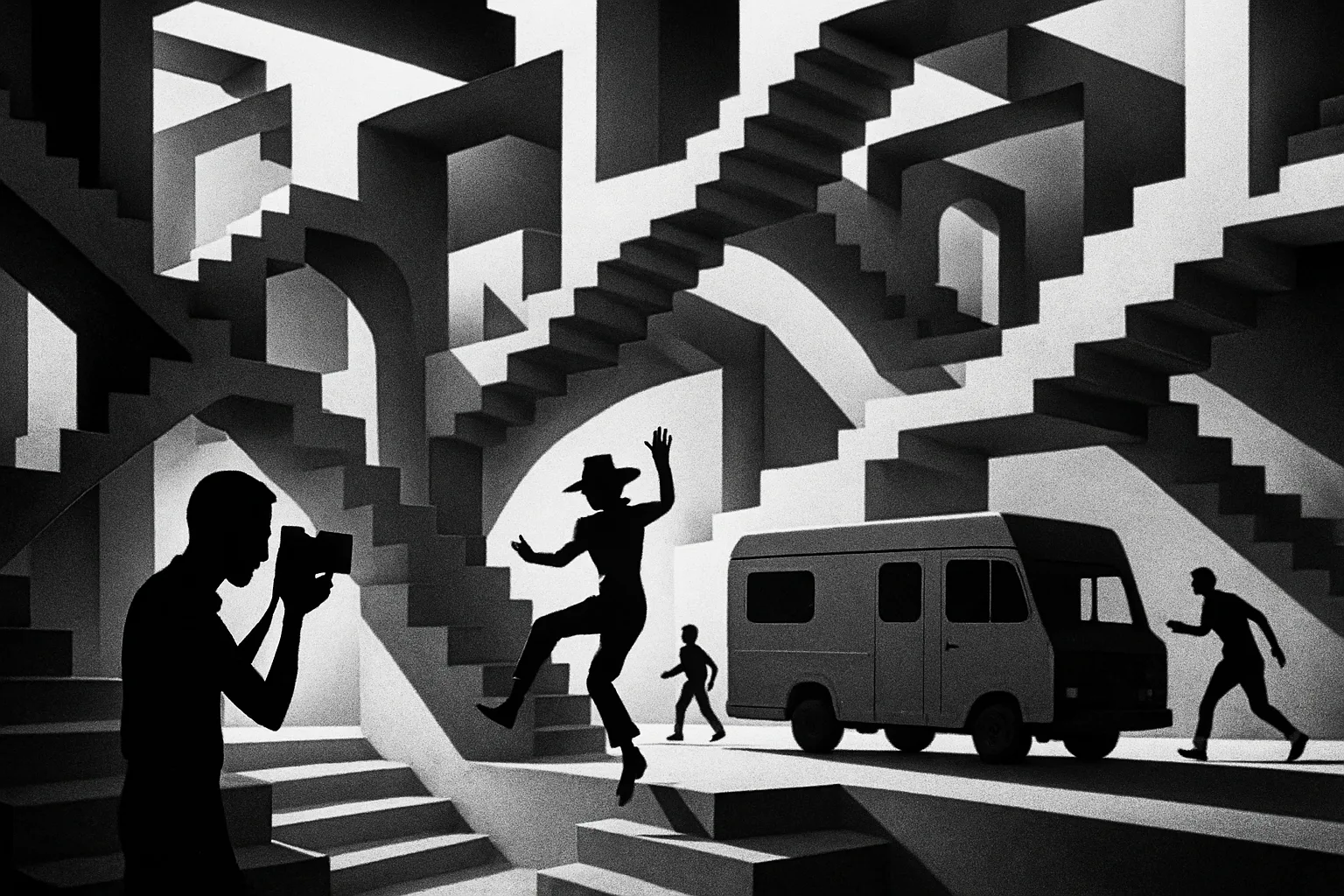 Four Distant Figures—one a Slender Silhouette Carefully Aiming a Vintage