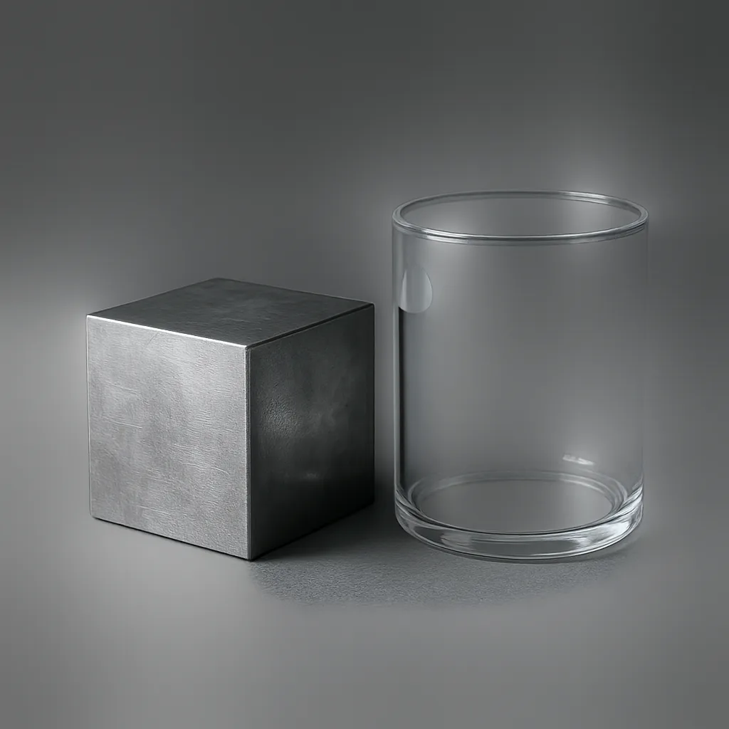 Cube-shaped Metal Block Placed Next to a See-through Cylinder-shaped Container