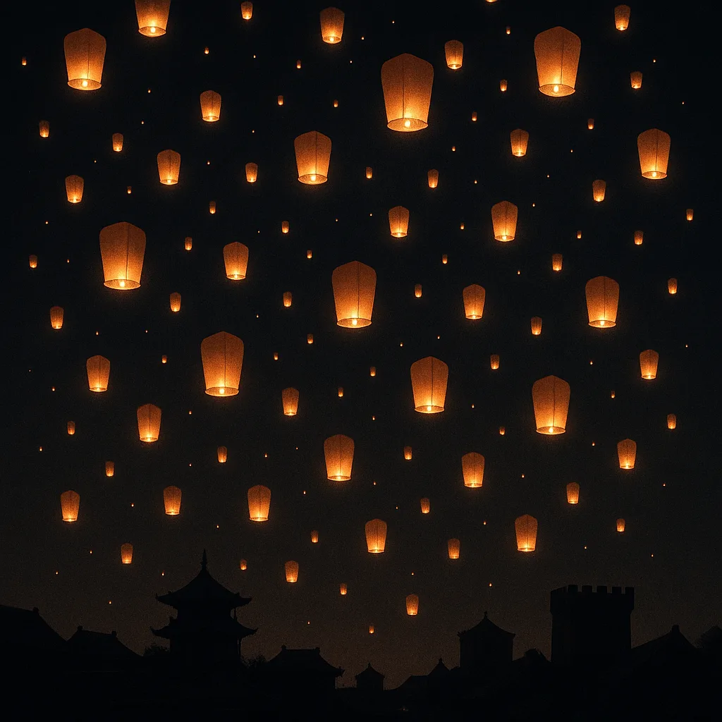 Multitude of Glowing Lanterns Drifts Slowly Upwards