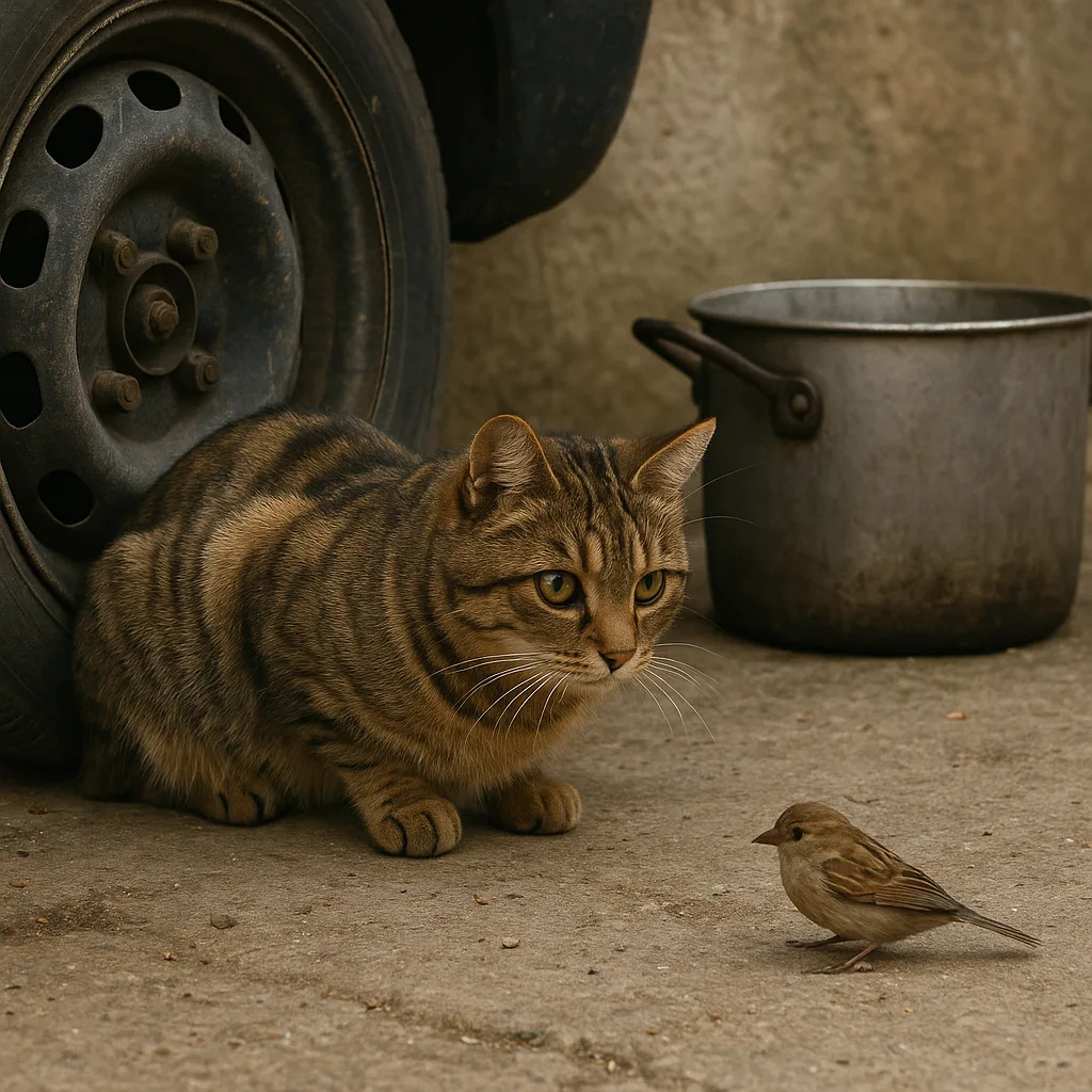Tabby Cat Crouches near a Wheel and a Metal Pot