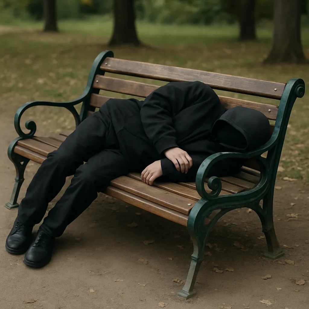 Person Wearing Dark Clothing Is Lying on a Wooden Park