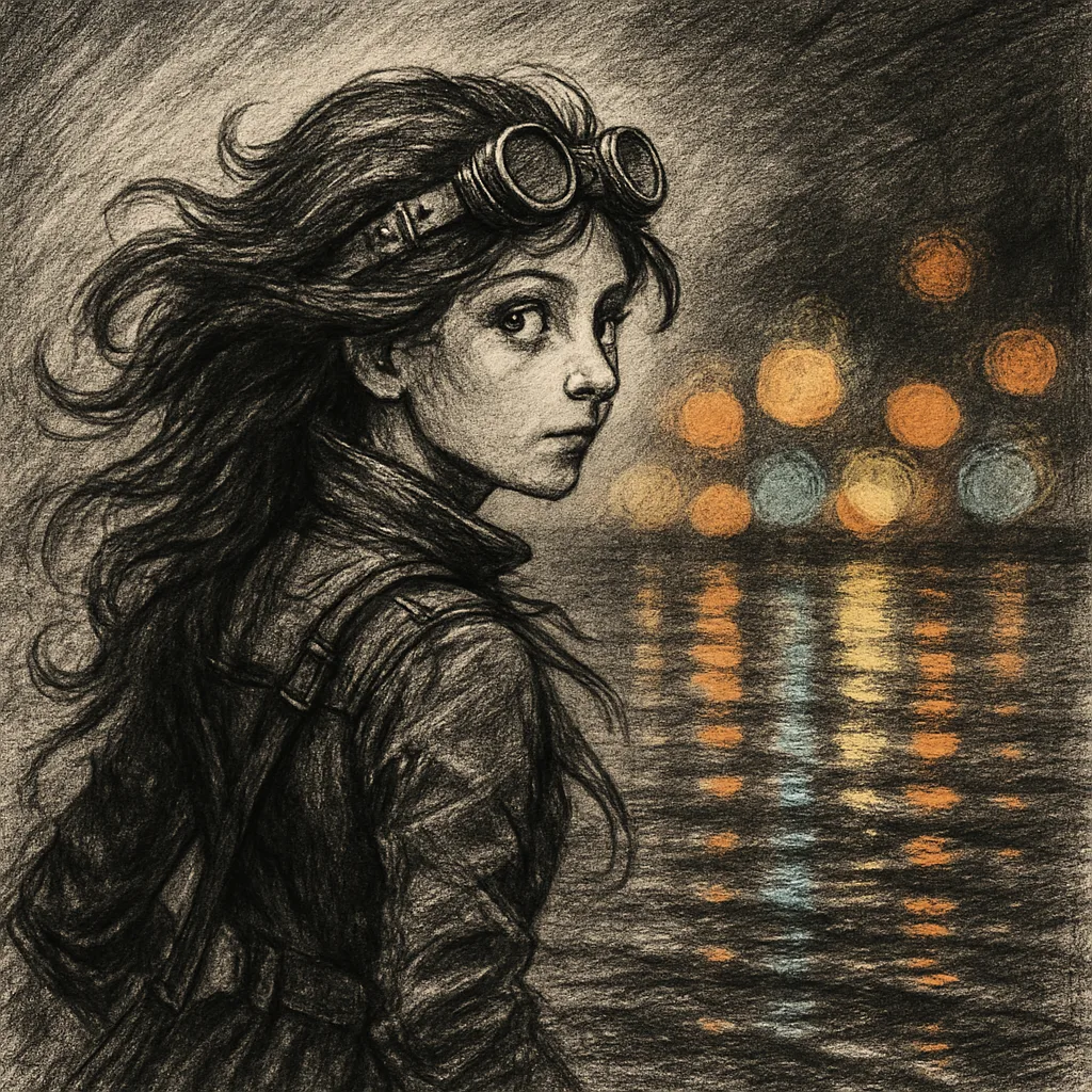 Charcoal-sketched Steampunk Figure with Flowing Hair Glances Curiously Sideways
